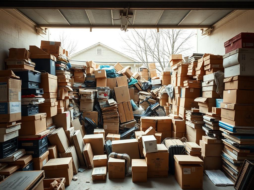 Garage packed with boxes and junk before junk removal in Dallas, TX