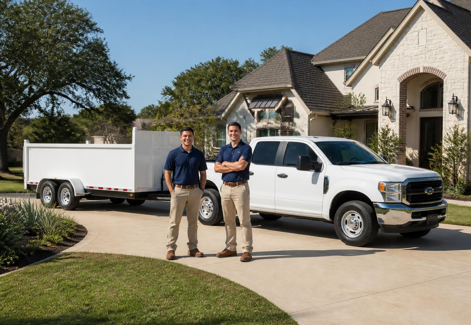Lone Star Junk Removal crew standing beside their truck and trailer at a Dallas, TX home